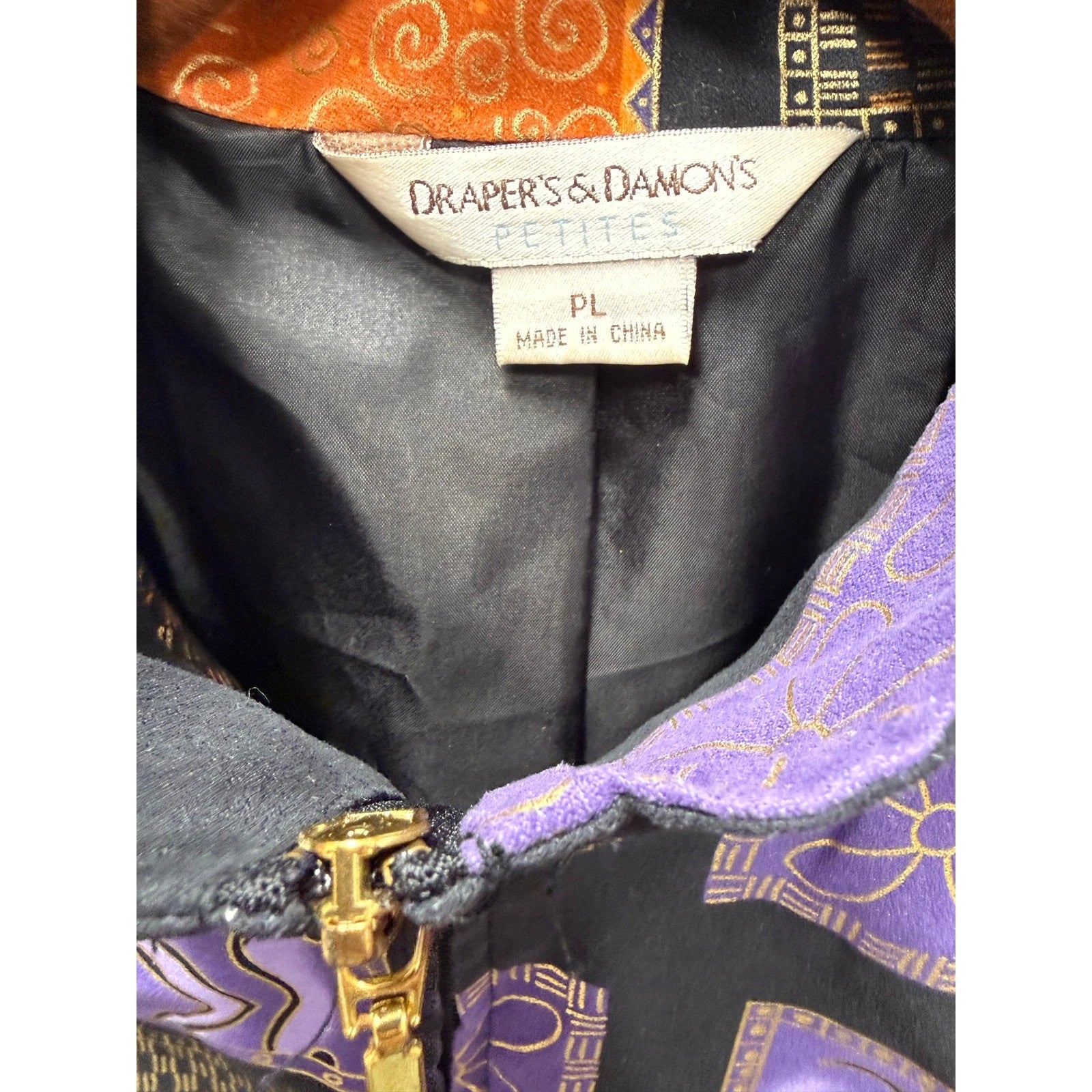 Drapers & Damons Petites Vintage Jacket Purple Black Gold Zip Front Size PL