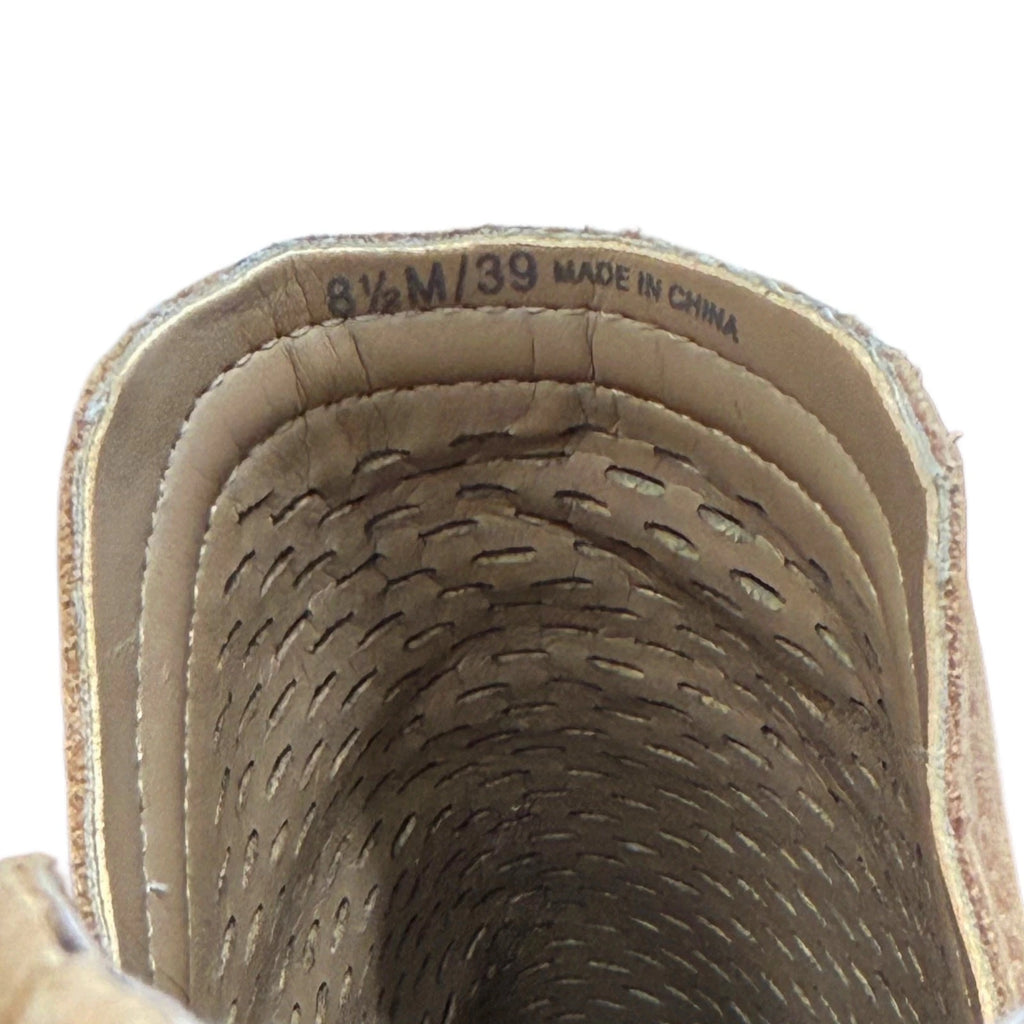 Vince Camuto Perforated Peep Toe Booties Tan Suede Block Heel Size 8.5