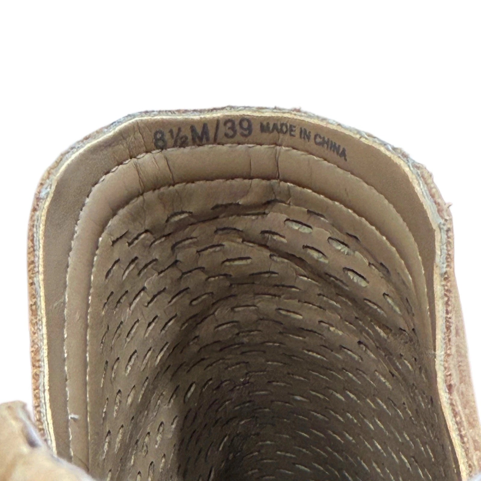 Vince Camuto Perforated Peep Toe Booties Tan Suede Block Heel Size 8.5