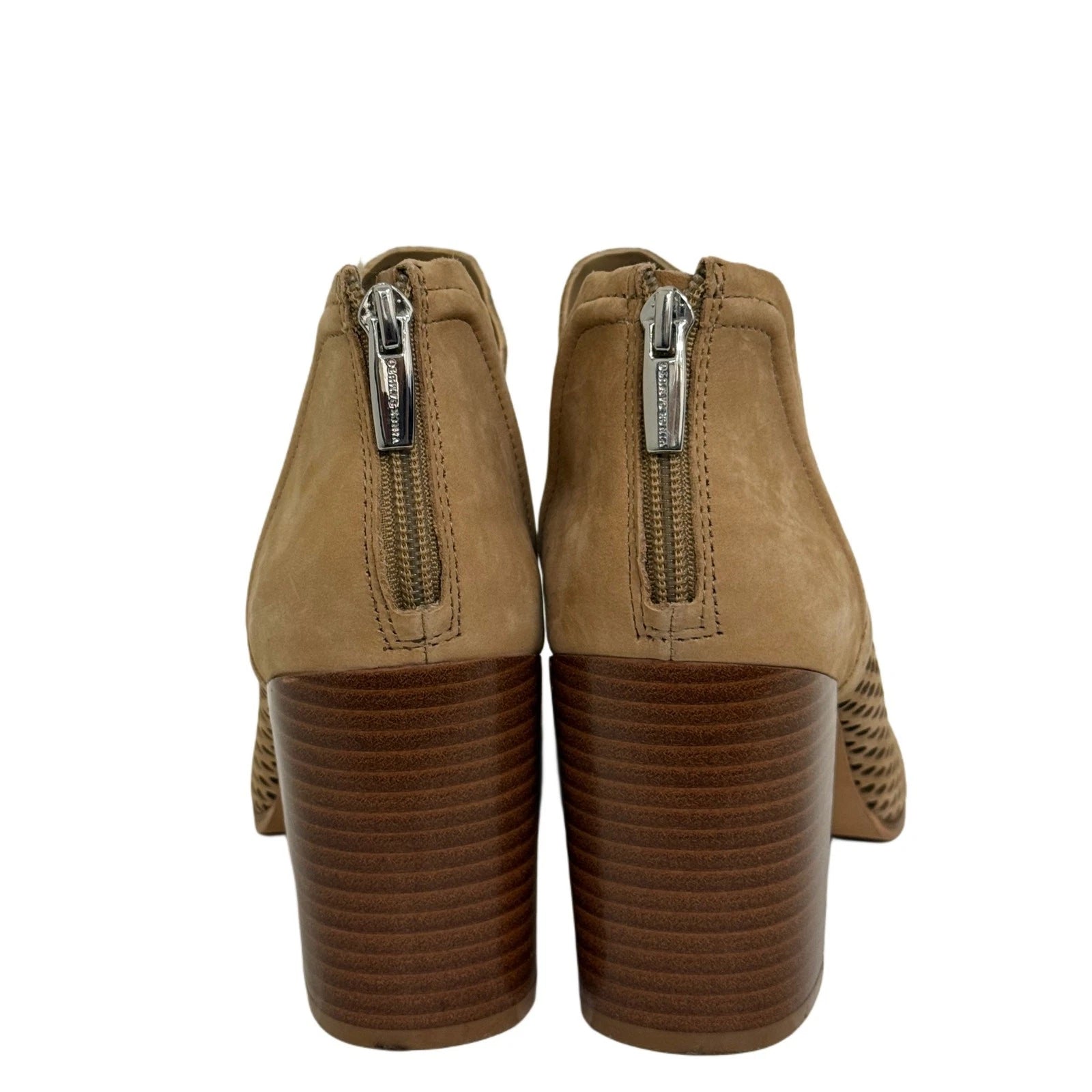 Vince Camuto Perforated Peep Toe Booties Tan Suede Block Heel Size 8.5