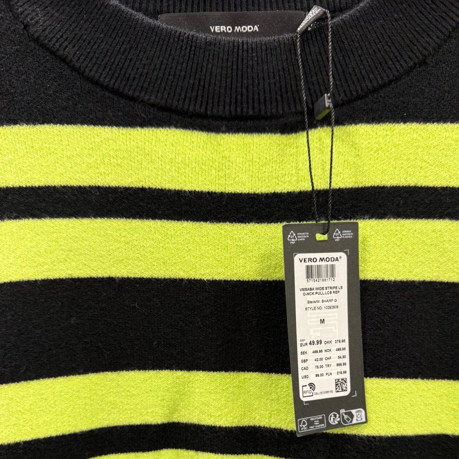 NEW- Vero Moda Black & Neon Green Striped Sweater