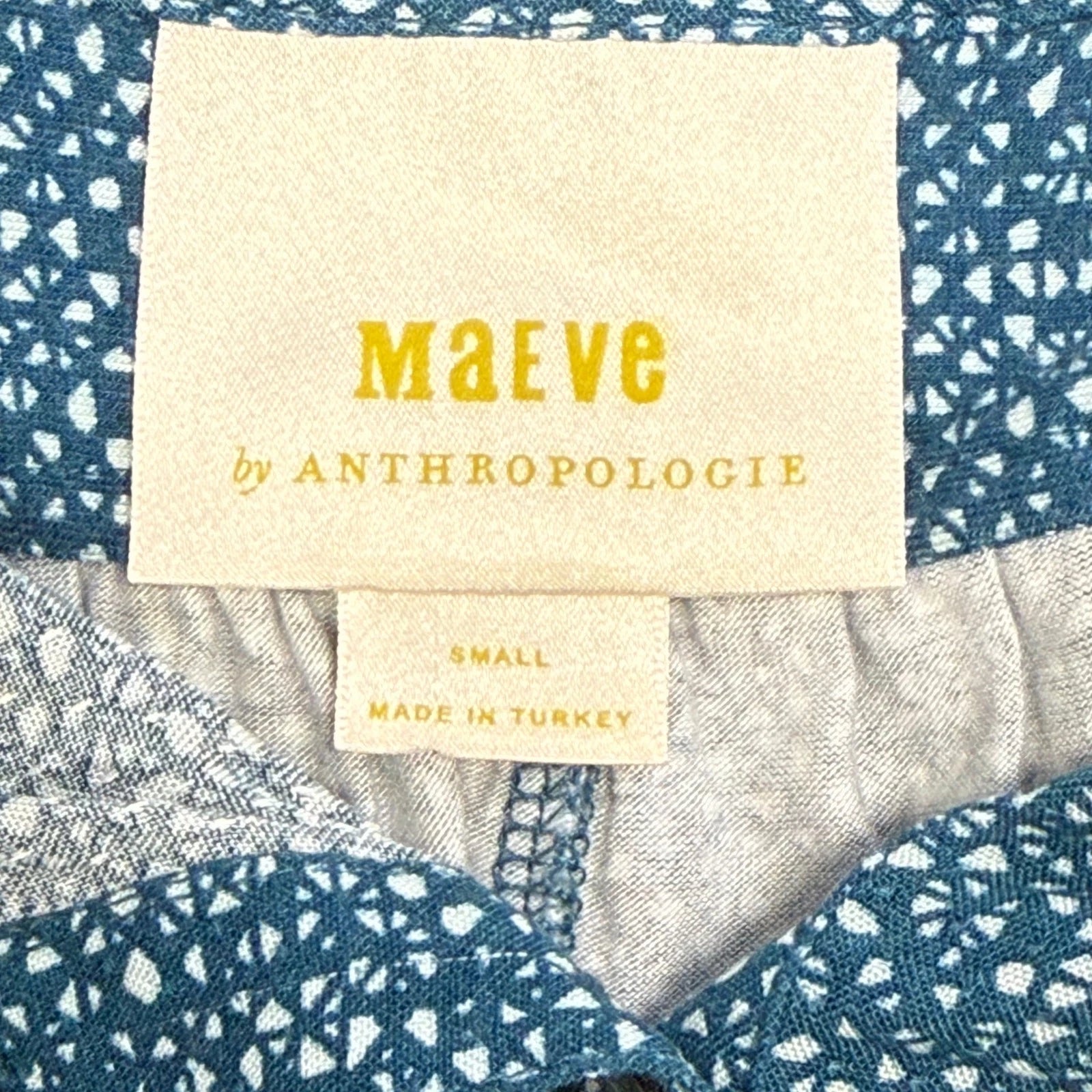 Maeve Anthropologie Blue Print Blouse Size Small Viscose Short Sleeve Boho Top