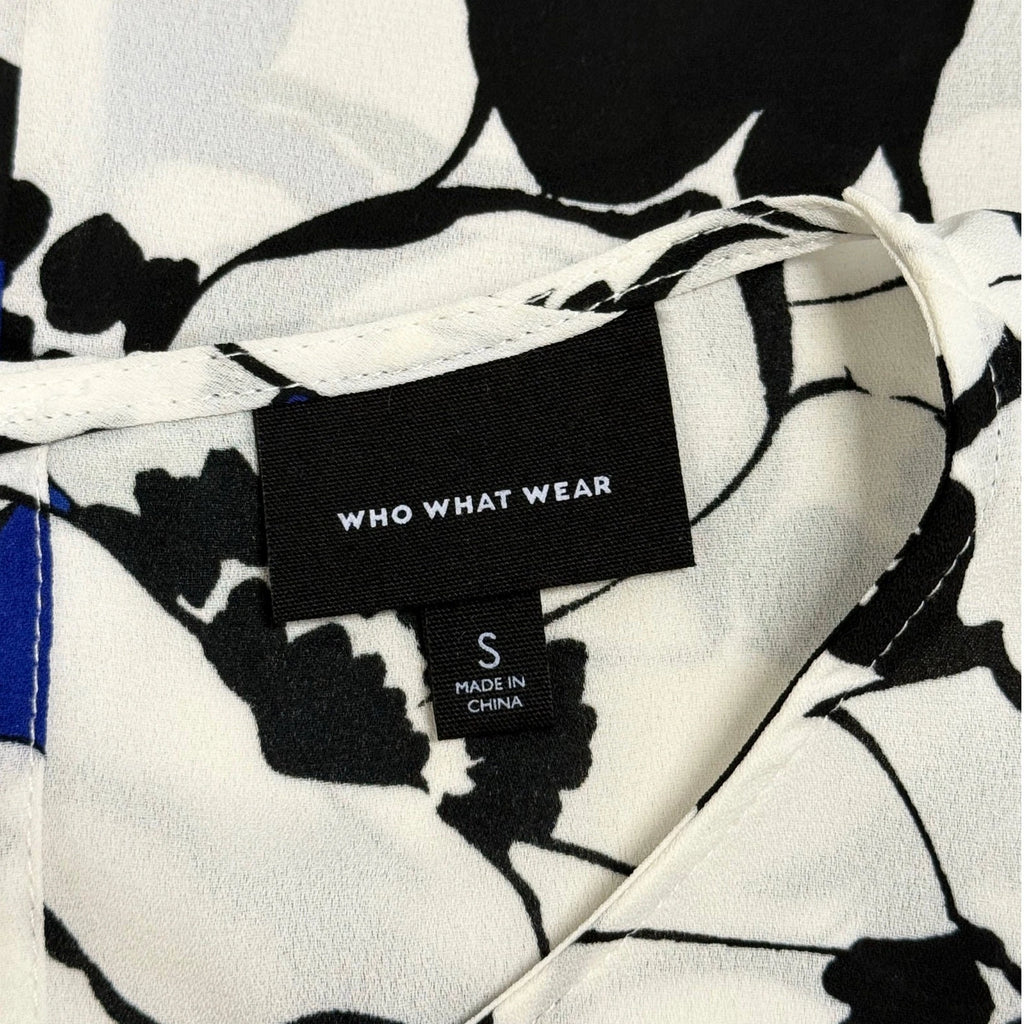 Who What Wear Floral Sleeveless Blouse Size S Black White Blue High-Low Hem Top