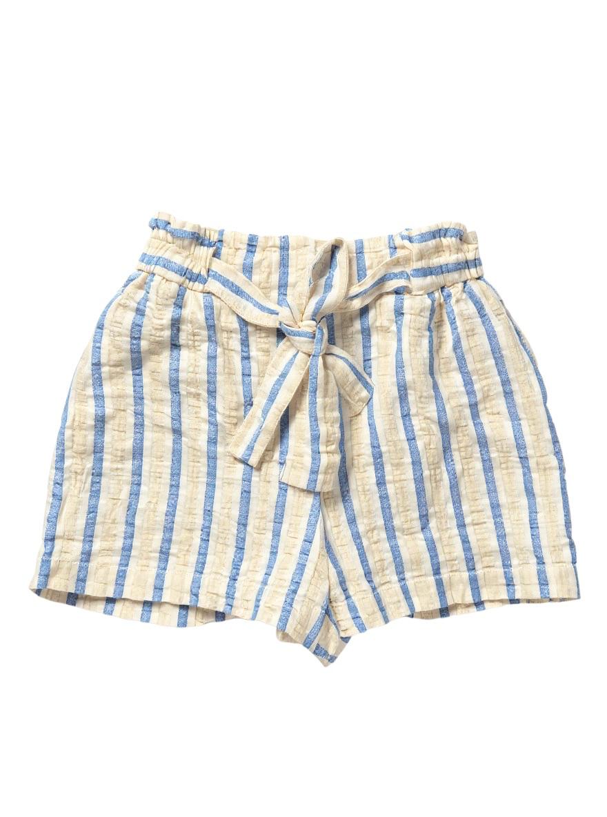Zara Striped Cotton Linen Blend Pull-On Shorts Cream Blue